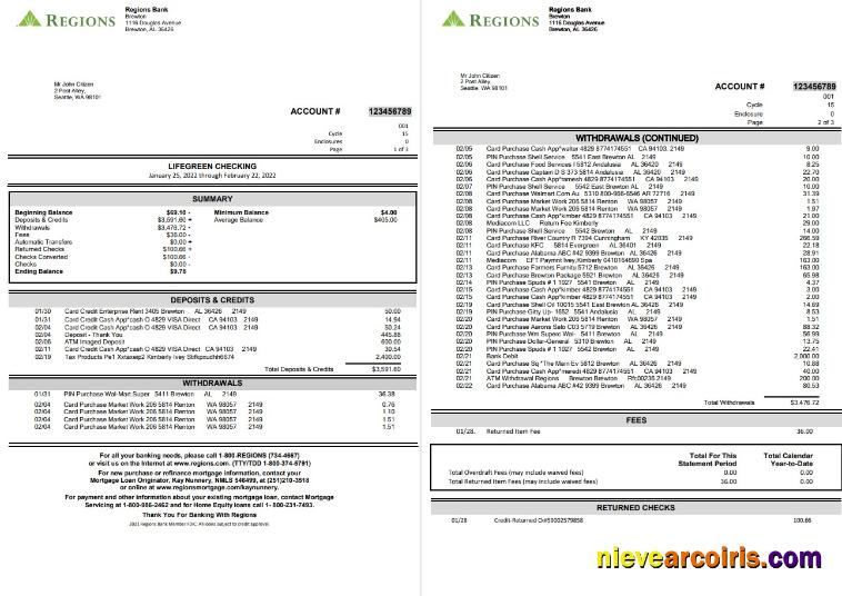 USA Regions Bank statement, Word and PDF, 4 pages